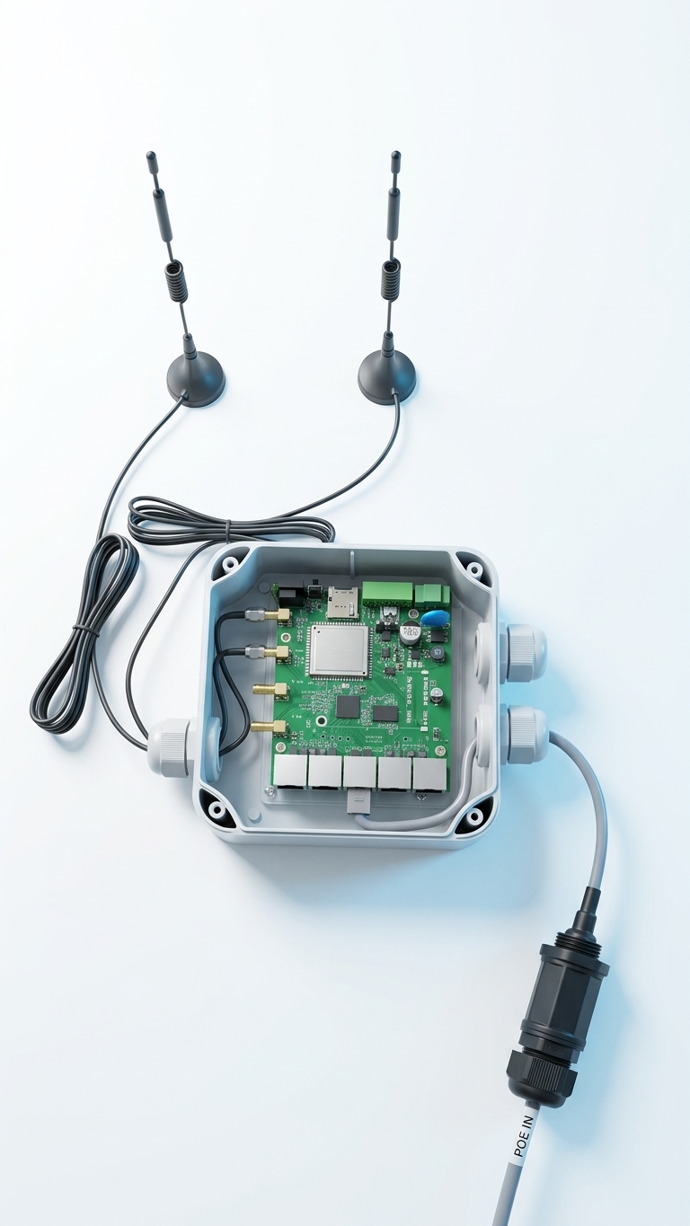 BWR_352_Outdoor IPX6 enclosure with BWR_352 board, 4G and Wi-Fi antennas and PoE input cable
